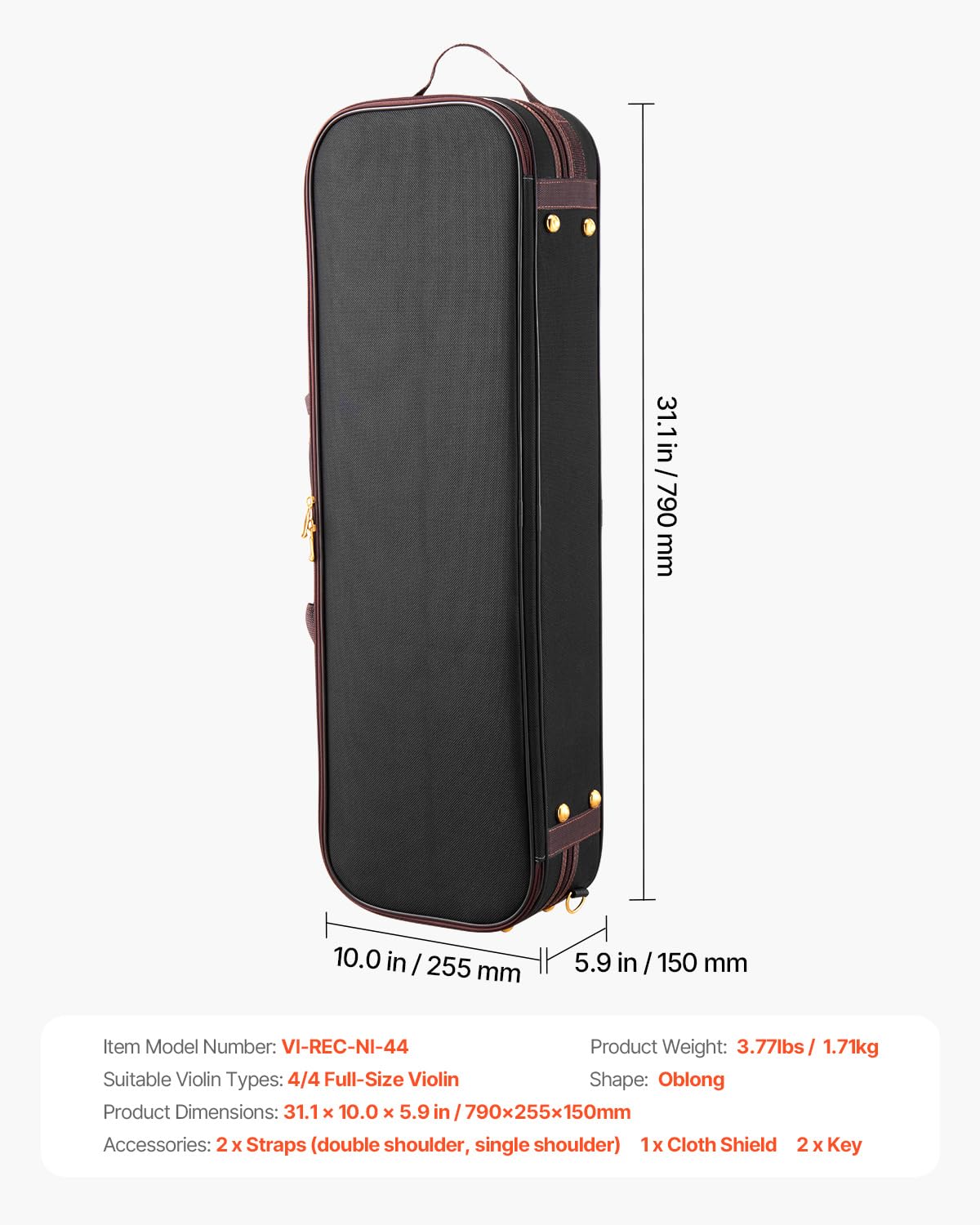 VEVOR 4/4 Full Size Violin Case, Built-in Hygrometer, Lightweight Portable Travel Carrying Bag, with Plush Lining, Dual Shoulder Straps, Anti-Scratch, Professional Triangular Shape, for Violin, Black