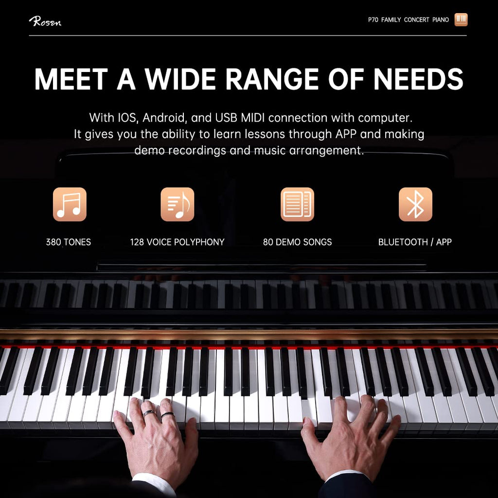 Rosen P70 Digital Piano 88 Key Home Piano Full Size Weighted Keyboard with Stand Premium Upright for Beginner Professional luxury Electric Keyboard with Triple Pedal (white)