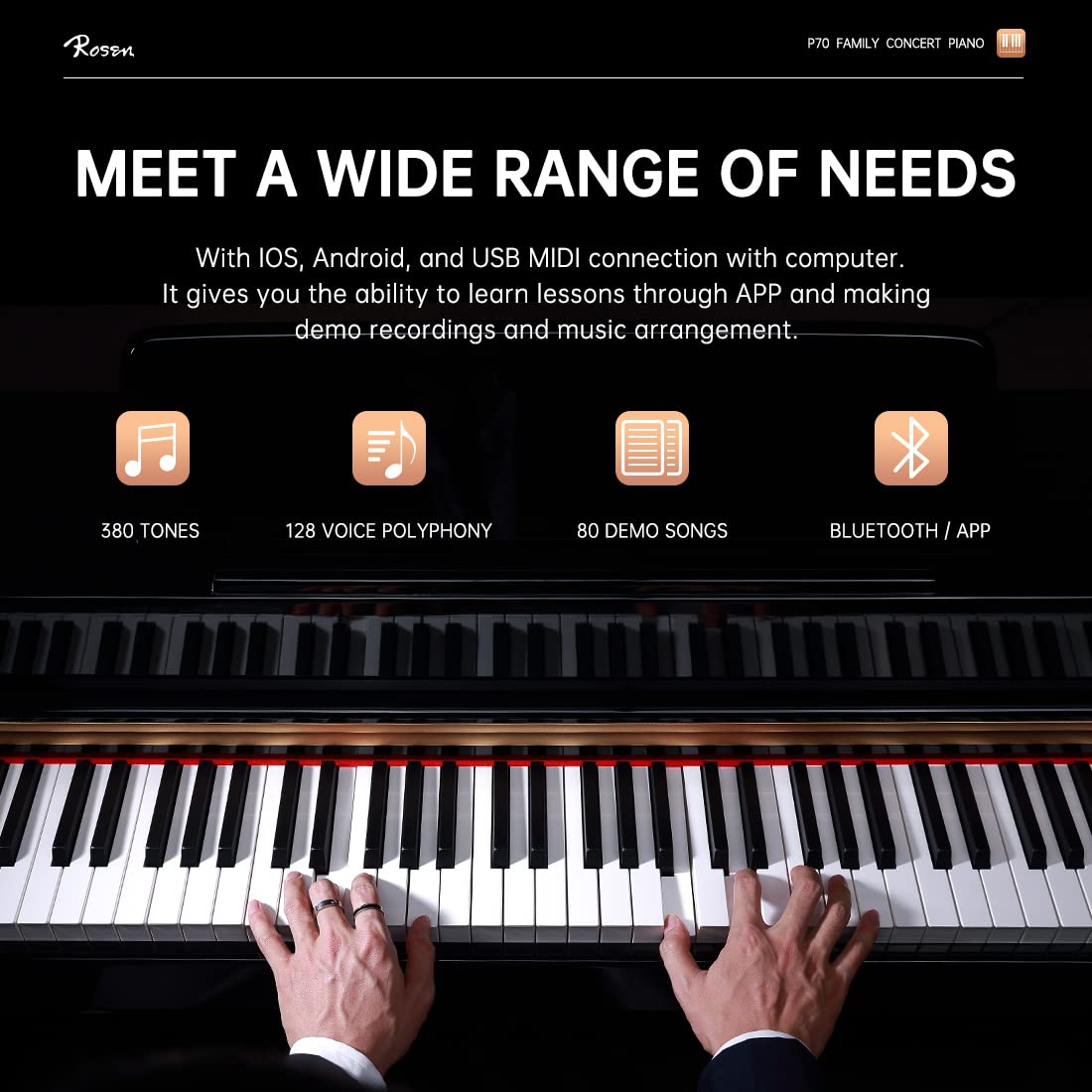 Rosen P70 Digital Piano 88 Key Home Piano Full Size Weighted Keyboard with Stand Premium Upright for Beginner Professional luxury Electric Keyboard with Triple Pedal (white)