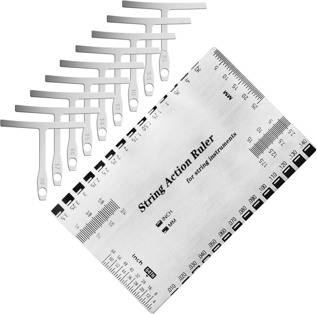 10PCS Guitar String Action Gauge Set for Guitar and Bass Setup | Stainless steel ruler, 9 understring radius gauges, measures action and curvature, for luthier repair and maintenance