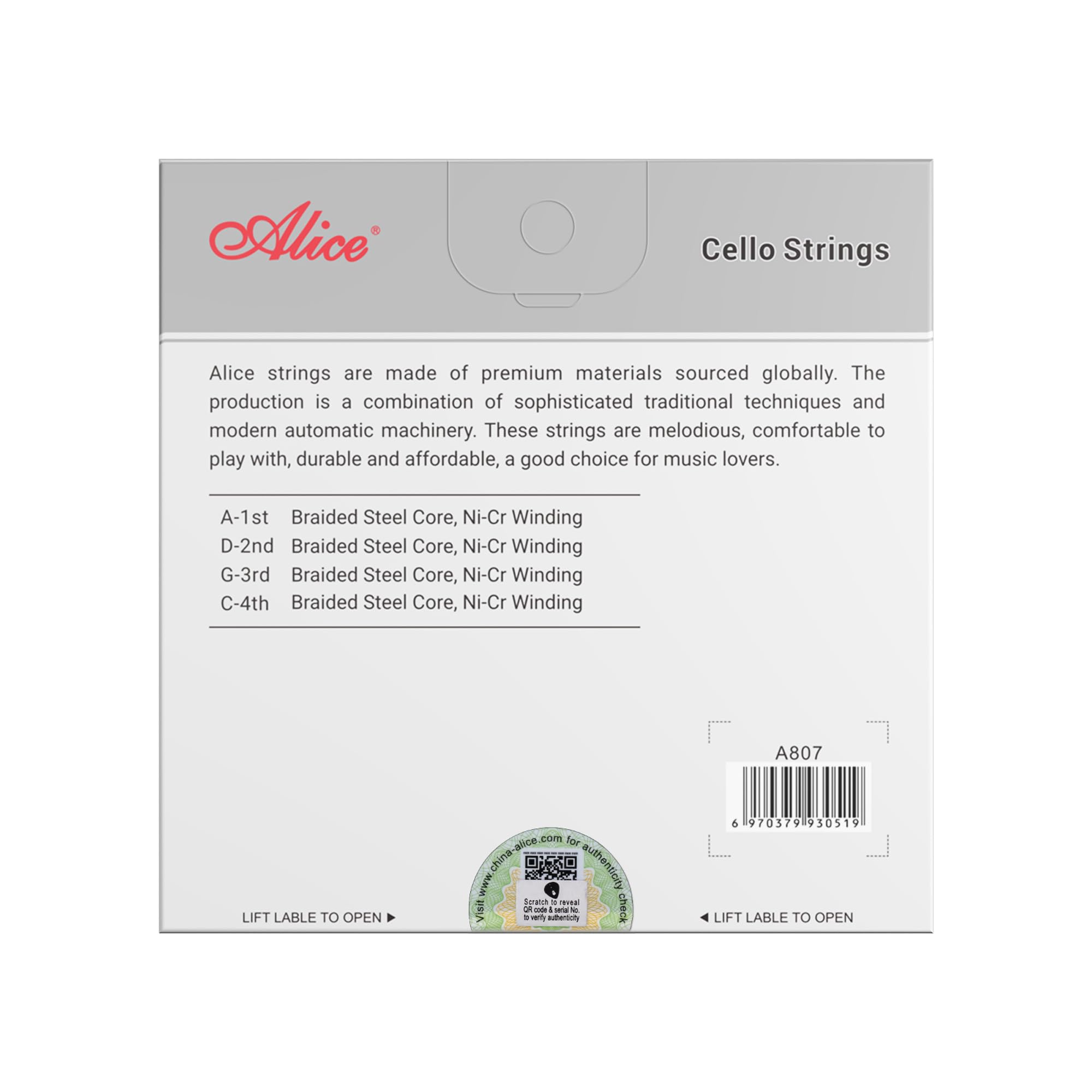 Alice Cello Strings 4/4 Full Set - Well Balanced & Deep-forceful Timbre, Steel Core with Alloy Winding, Cello Strings for 4/4 & 3/4 Size Cello (FullSet A D G and C)