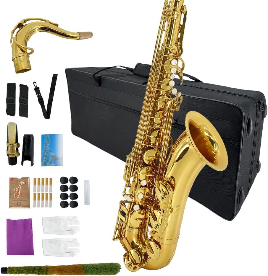 Yinfente Bb Tenor Saxophone Professional Beginner Kit-B Flat Tenor Sax Complete Student Set with Hard Case,Reeds,Cleaning Cloth,Neck Straps,Mouthpiece Gold