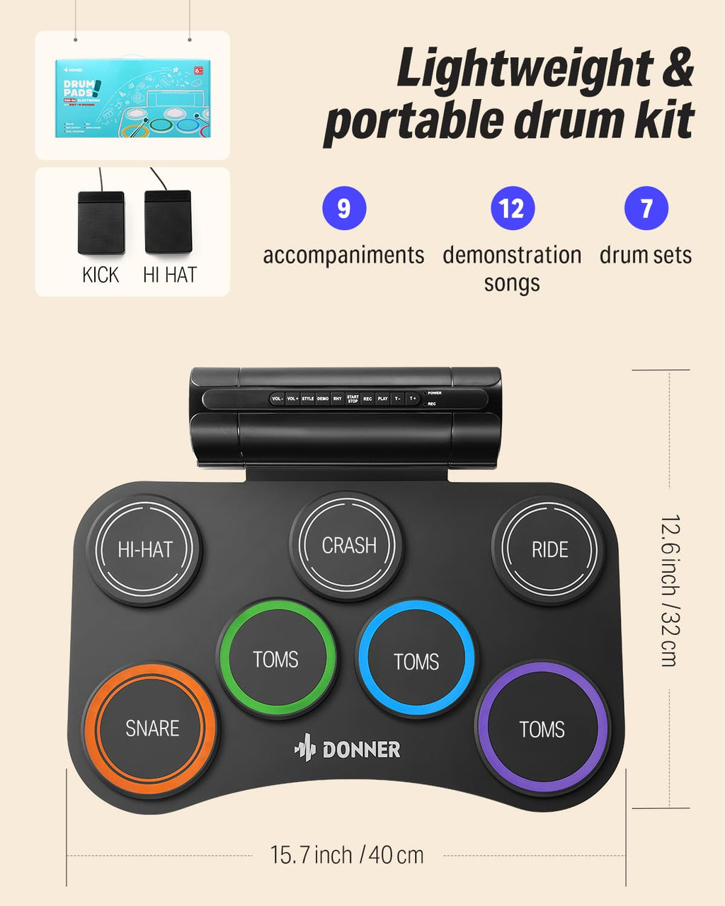 Donner Electronic Drum Set, 7 Pads Electric Drum Pad Roll Up Quiet Drum Pad Built-in Speaker, 40 Drum Lessons Included, Kids Holiday Christmas & Birthday Gift Instrument Toys(DED-20)