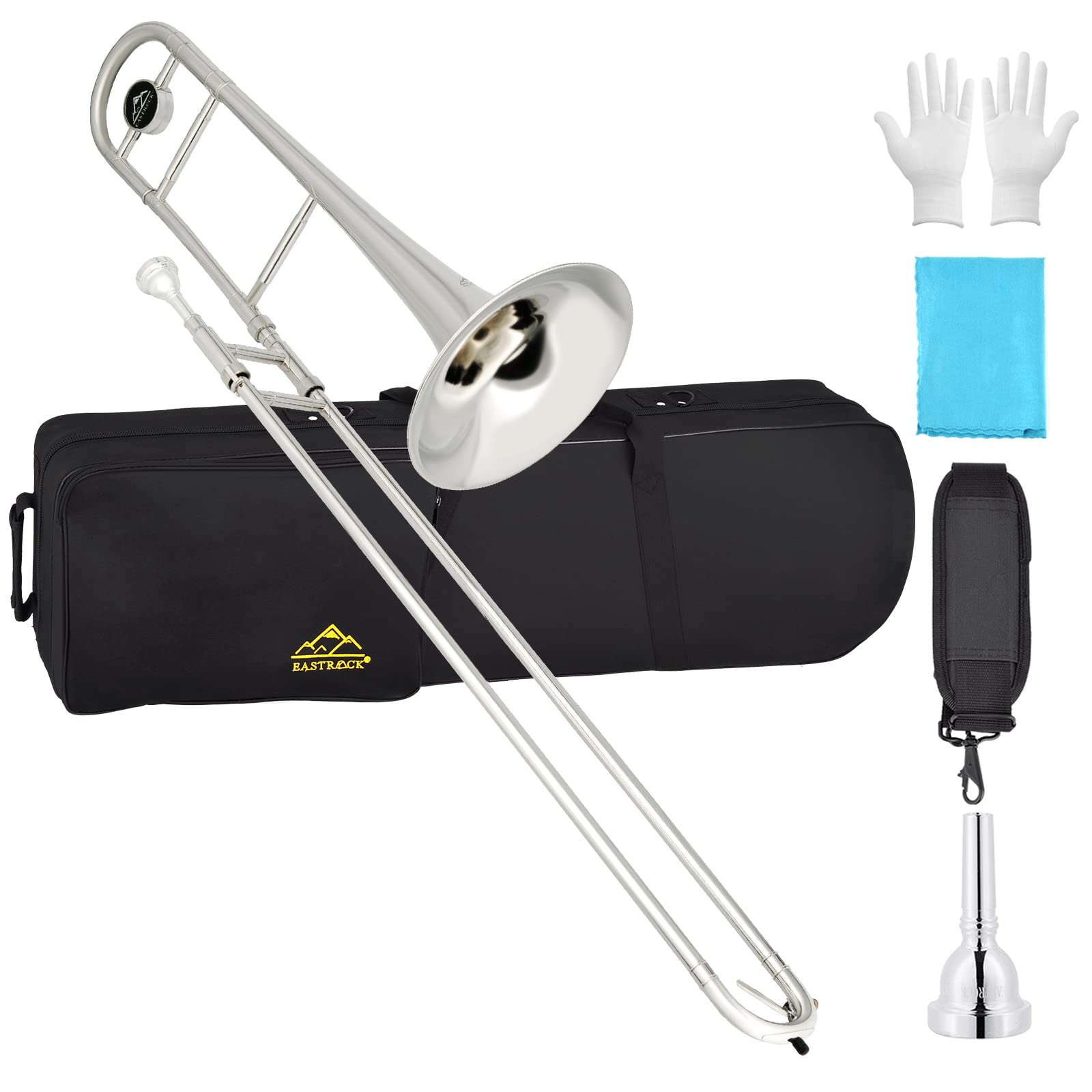 EASTROCK Bb Tenor Slide Trombone, B Flat Brass Plated Trombone Instrument for Beginners Students with Hard Case, with Mouthpiece, White Gloves (12.5mm/200 mm), Golden
