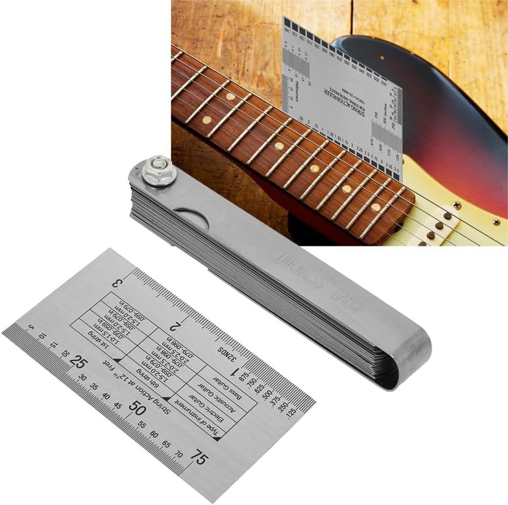 Guitar Setup Tool Kit, String Action Gauge Ruler with 32 Piece Feeler Gauges and 2 Piece Fingerboard Fret Protector Guards