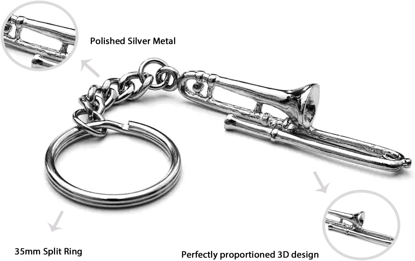 Trombone polished silver-plated keyring