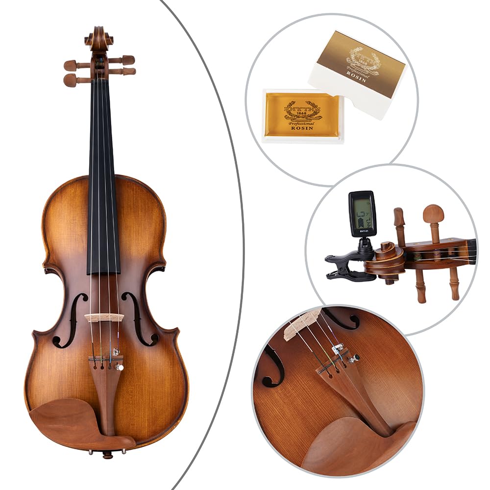 Rhythm Violin Set for Beginners,Acoustic Violins Starter Kit Package for Student,Beginners Fiddle with Hard Case, Rosin, Shoulder Rest, Bow, and Extra Strings (NATURAL, Full)
