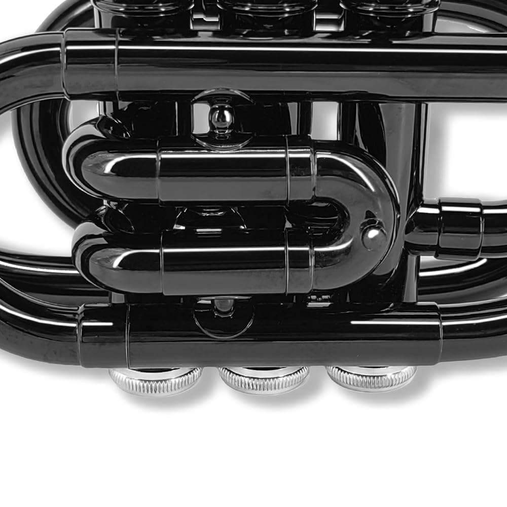 Pocket Trumpet Bb Flat Brass Trumpet for Beginner Student with 7C Mouthpiece Carrying Hard Case Cleaning Cloth Gloves