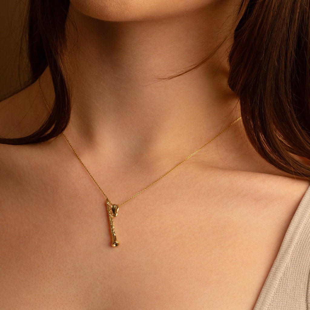14K Yellow Gold Dangling Music Charm Woodwind Clarinet Pendant Necklace with Rolo Chain - Choice of Length
