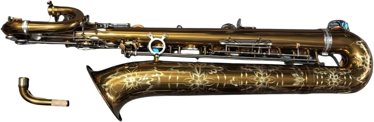 Eastern Music Pro Baritone Saxophone, Yellow Brass with Champagne Gold Lacquer, Low A, Floral Engraving, Yani Style Key Design, Includes Flight Case with Wheels and Accessories