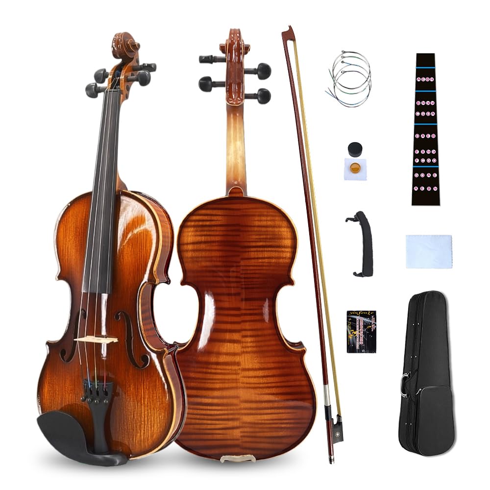 Vetimobato Handmade 4/4 Full Size Violin Set - One-piece Flame Back Maple Neck Solid Wood Fittings Complete Kit with Case Bow Shoulder Rest Strings for Beginners to Intermediate Players (4/4)