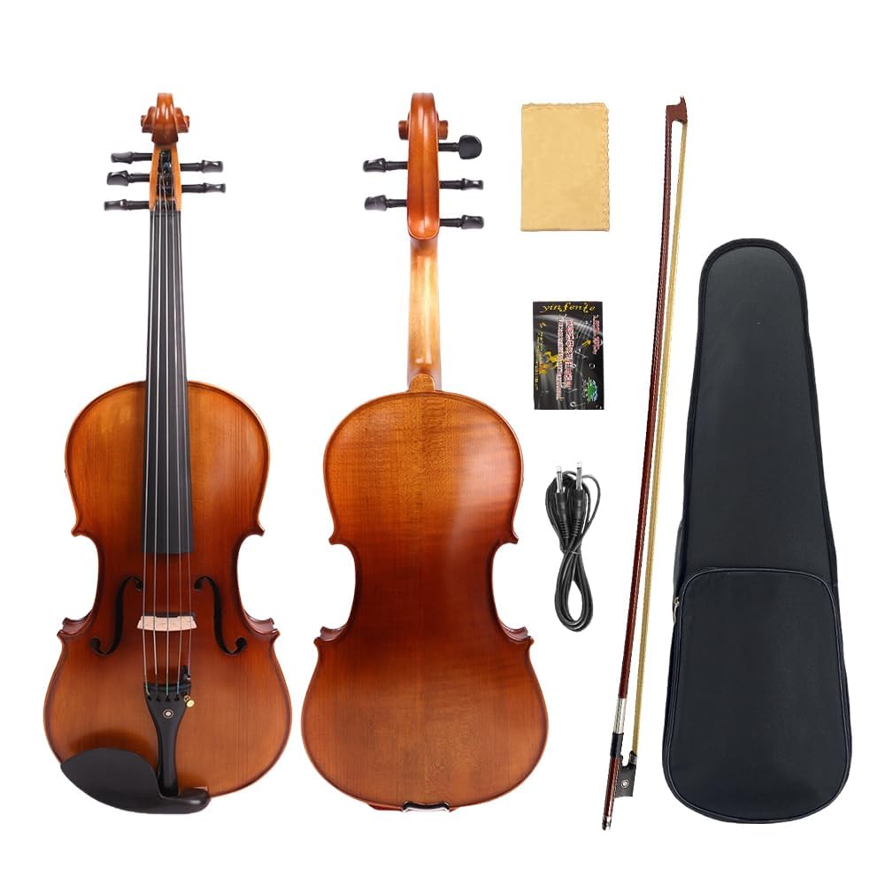 Vetimobato 16 Inch 5-String Electric Viola - FCGDA Tuning Electric Acoustic Viola for Students, Adults, Professional - Handmade Maple & Spruce Body with Ebony Fittings, Case, Bow (Black)