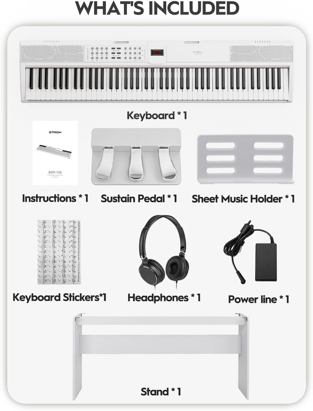 STRICH 88 Keys Weighted Keyboard with Sustain Pedal, Hammer-Action Digital Piano, 2x15W Built-In Speakers, Full-size Electric Piano Keyboard Supports USB-MIDI/Wireless Connect, White, SDP-120