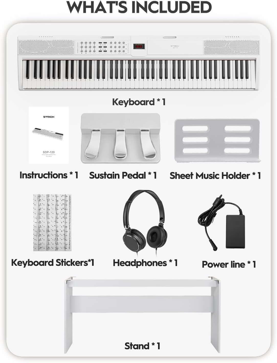 STRICH 88 Keys Weighted Keyboard with Sustain Pedal, Hammer-Action Digital Piano, 2x15W Built-In Speakers, Full-size Electric Piano Keyboard Supports USB-MIDI/Wireless Connect, White, SDP-120