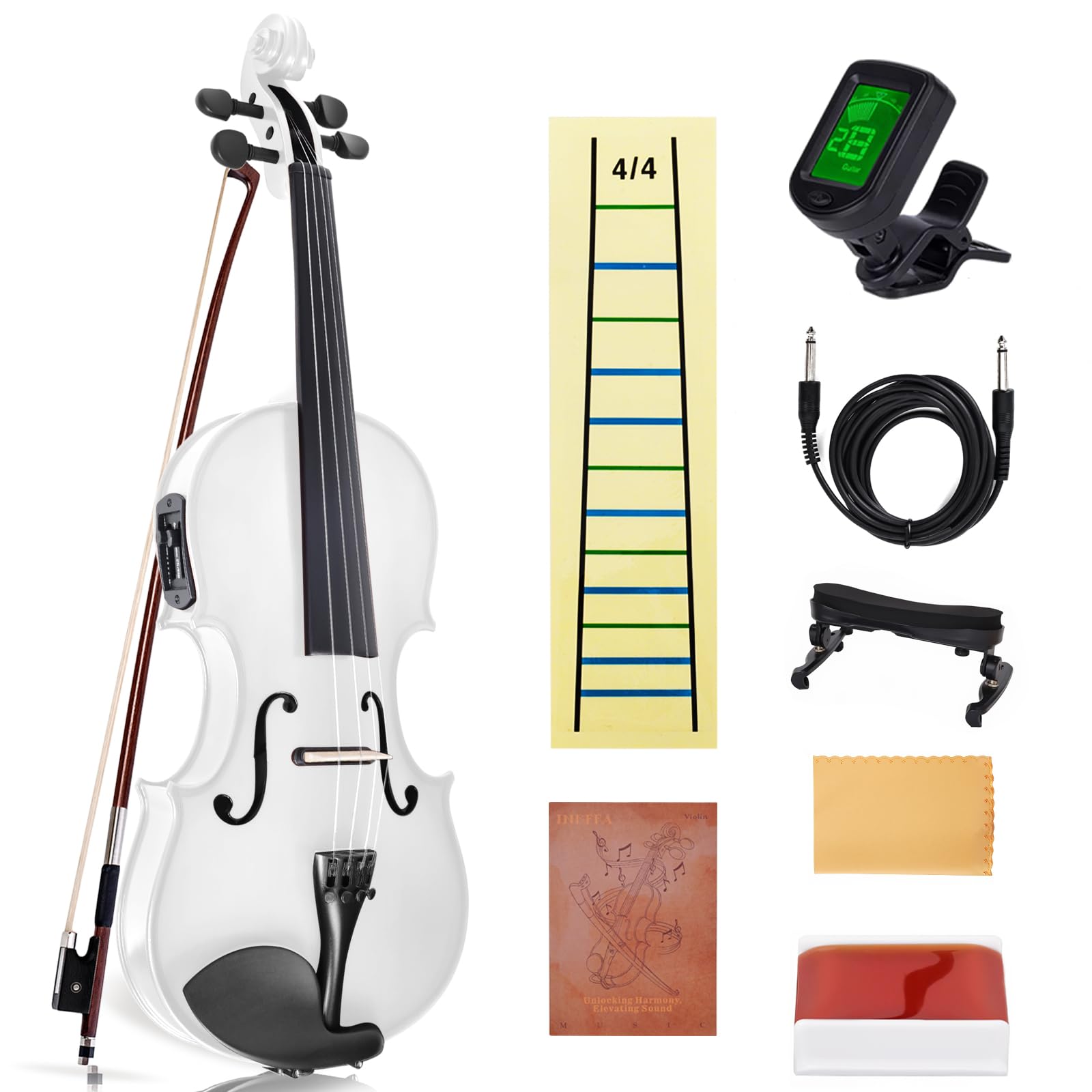 Electric/Acoustic Violin with Ebony Accessories with Carrying Case, Violin Bow, Bridge, Shoulder Rest, Stickers, Tuner, Instruction, Handcraft with Maple, Spruce (White)