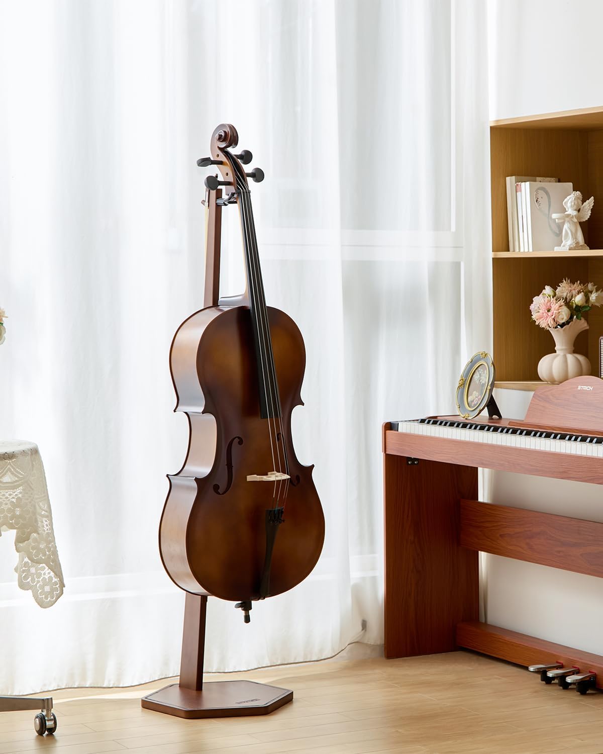 STRICH Wooden Cello Stand with Bow Holder, Heavy-Duty Floor-Standing Display Stand, Cello Wood Floor Stand for 1/2, 1/4, 3/4, 4/4,1/8, 7/8 Full Size, for Home and Studio