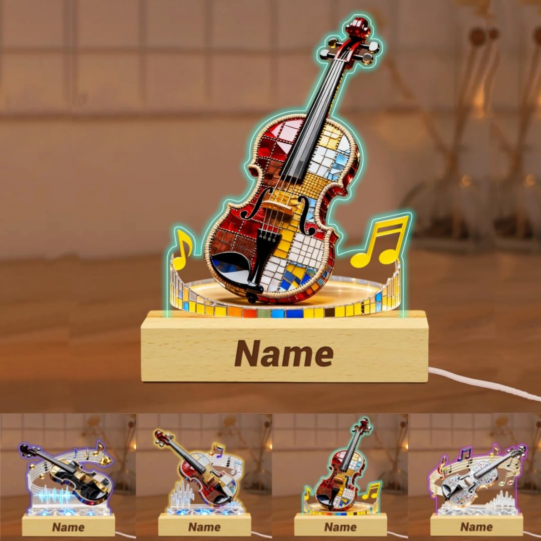 Personalized Name Violin Crystal Desktop Ornaments for Club Bedroom Office Custom Music Theme Stained Glass Acrylic Tabletop Plaque 2D Flat Electric Cello Figurine Sculpture for Violinist Cellist