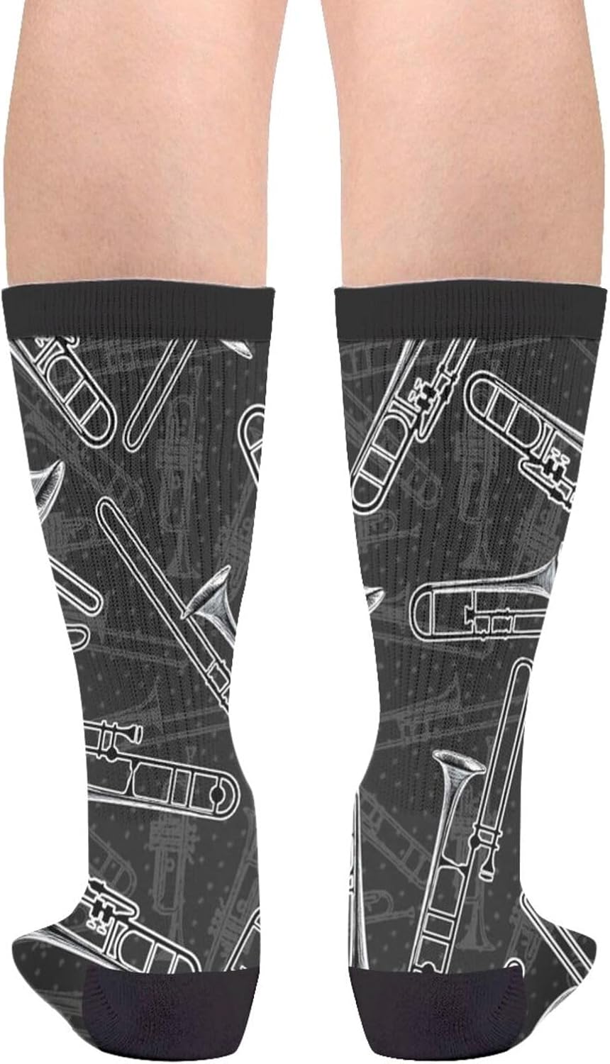 YISHOW Black White Trombones Vintage Unisex Novelty Crew Socks Casual Funny Crazy Dress Socks Gift