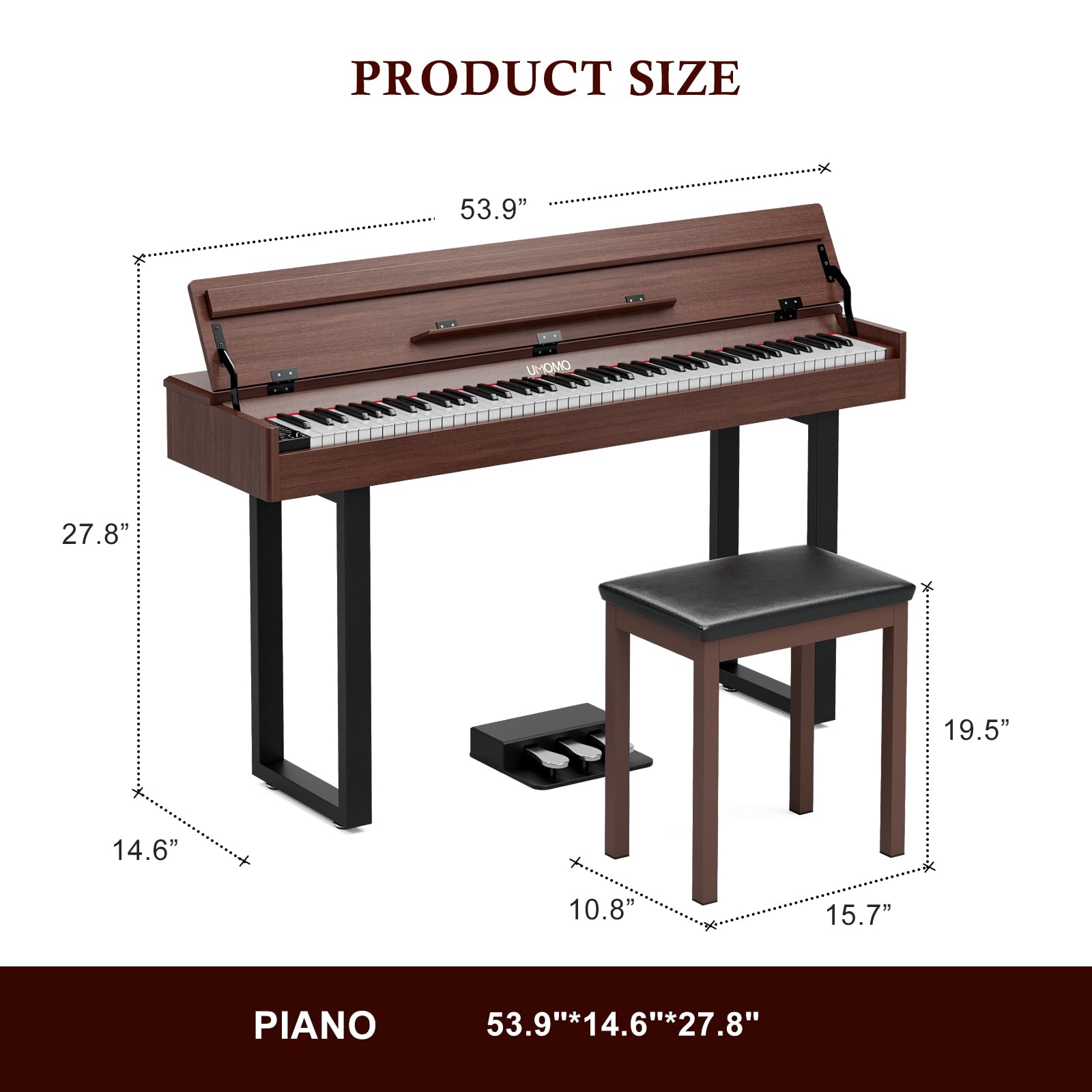 UMOMO 88 Key Weighted Digital Piano with Progressive Hammer Action, Metal Stand & Single Bench, Triple Pedals, USB MIDI, 128 Tones/Rhythms – Full Size Electric Keyboard for Beginners
