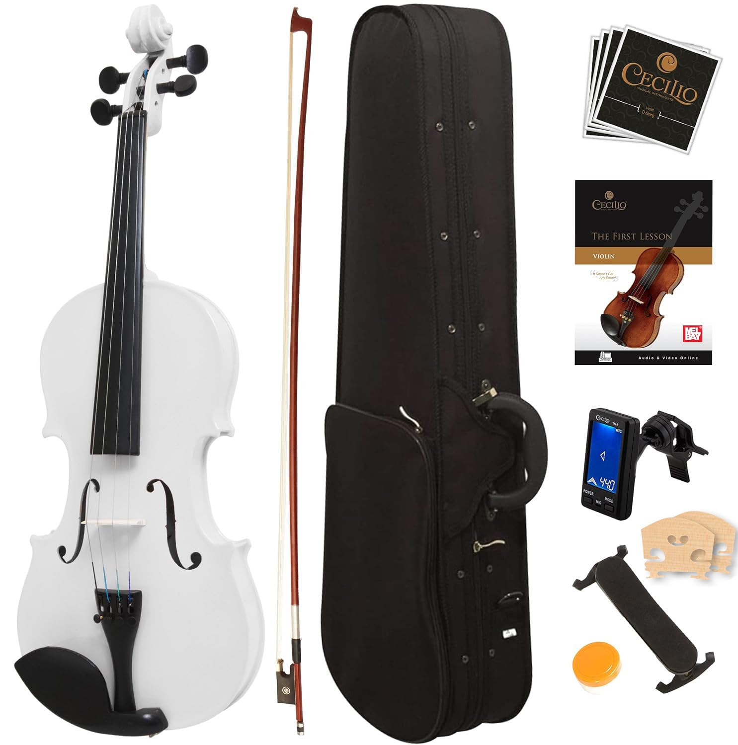 Mendini By Cecilio Violin 4/4 Full Size For Beginners - Fiddle Solidwood Kit with Hard Case - Acoustic Violins with Bow, Rosin, Tuner, Extra Strings & Bridge, Shoulder Rest and Lesson Book (Varnish)