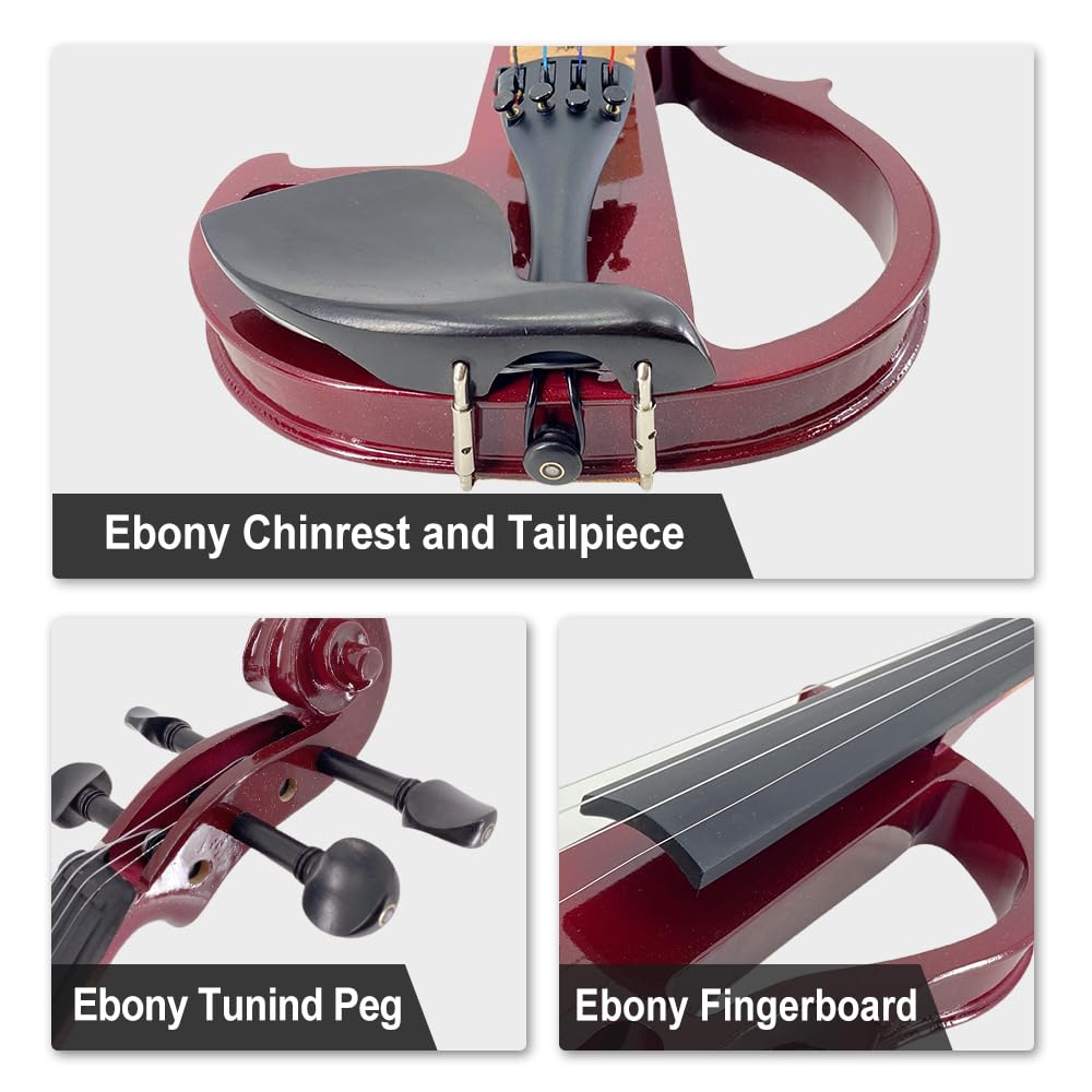 4/4 Full Size Electric Violin – Silent Electric Violin with Headphone Jack, Ebony Fittings – Includes Case, Bow, – Ideal for Practice & Performance (Black)