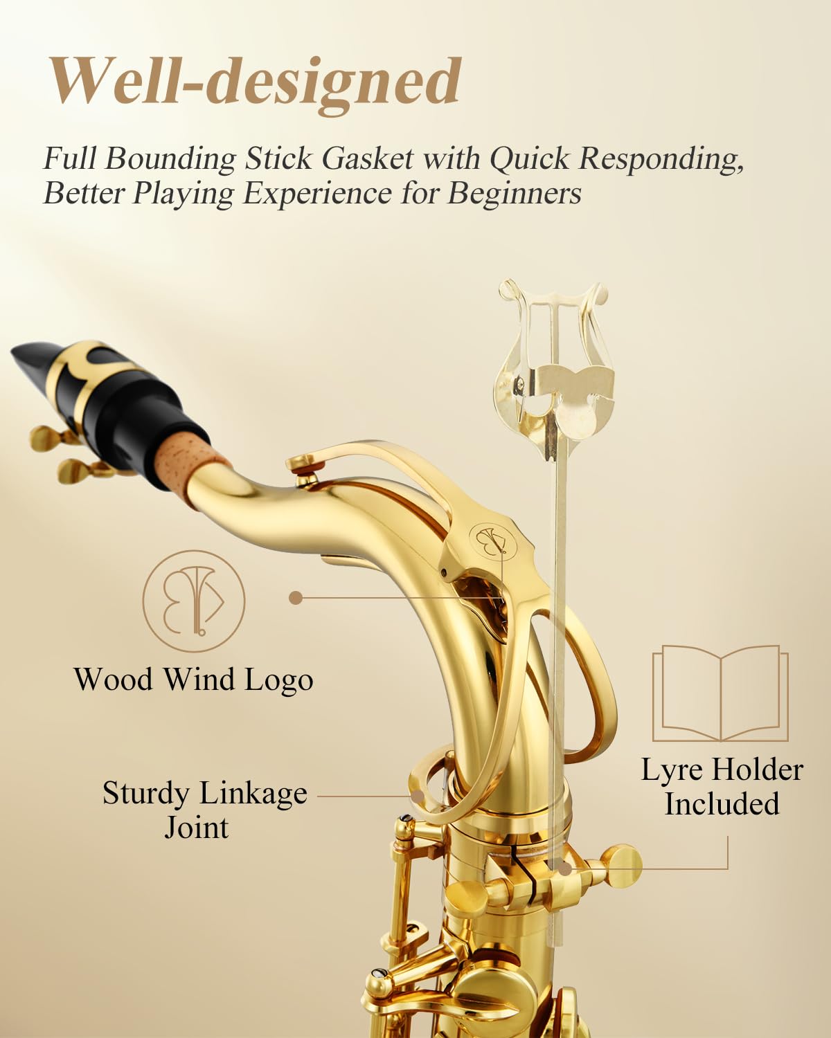 Eastar Student Alto Saxophone E Flat for Beginner Sax Full Kit with Carrying Case, Mouthpiece, Straps, Reeds, Stand, Golden Lacquer, AS-Ⅱ