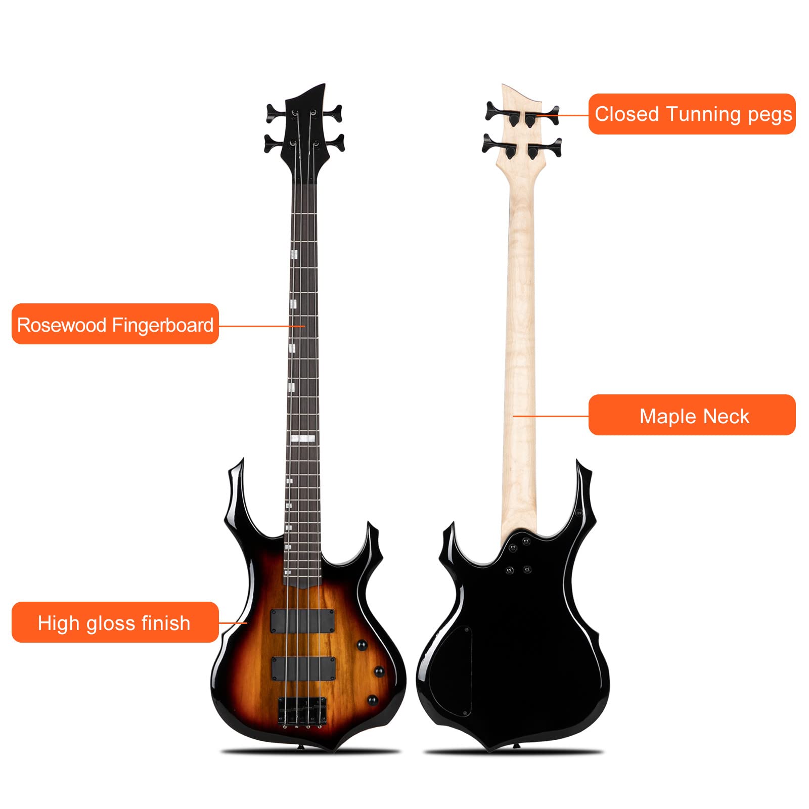 Ktaxon Electric Bass Guitar Full Size Flame Design Bass Set with 20 Watt Amplifier, Portable Bass Bag, Superior Amp Wire, Adjustable Guitar Strap, Plectrum, Wrench Tool(Matte Black)