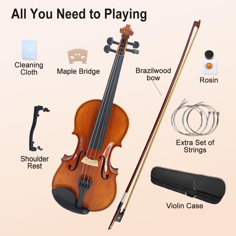 Vetimobato Handmade 4/4 Full Size Violin Set - One-piece Flame Back Maple Neck Solid Wood Fittings Complete Kit with Case Bow Shoulder Rest Strings for Beginners to Intermediate Players (4/4)