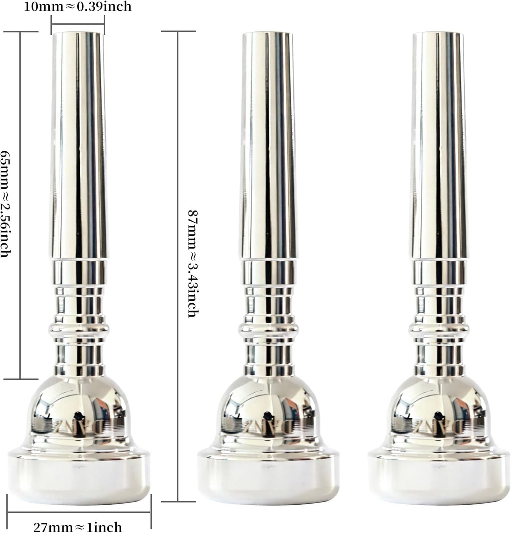 Trumpet Mouthpiece 3 Pack (3C, 5C, 7C) - Silver Plated Brass Mouthpieces, Universal Fit for Standard Trumpets, Ideal for Beginners & Music Enthusiasts