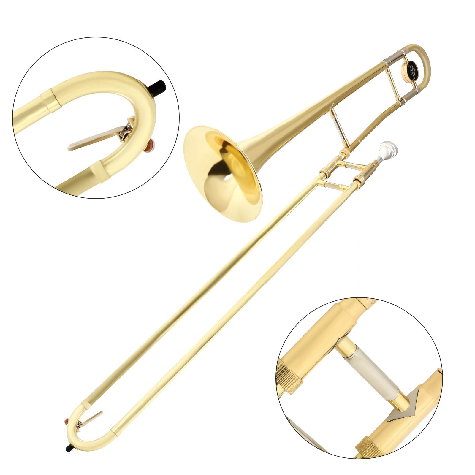 EASTROCK Bb Tenor Slide Trombone, B Flat Brass Plated Trombone Instrument for Beginners Students with Hard Case, with Mouthpiece, White Gloves (12.5mm/200 mm), Golden