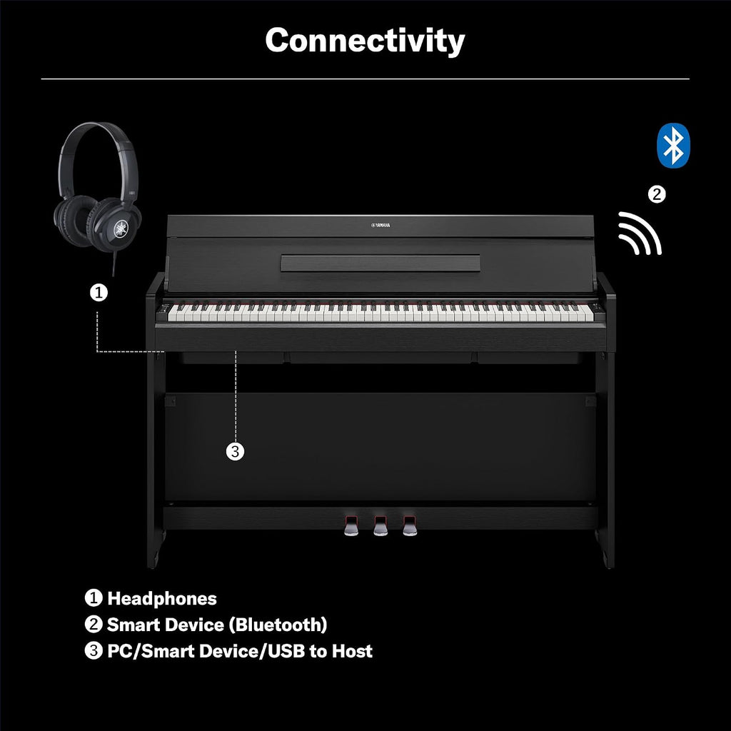 Yamaha Arius Compact Upright Digital Piano Keyboard For Apartments and Small Spaces, 88-Key Weighted Graded Hammer Action, Touch Response, Grand Piano Sound, 3-Pedal Unit in White YDP-S36WH