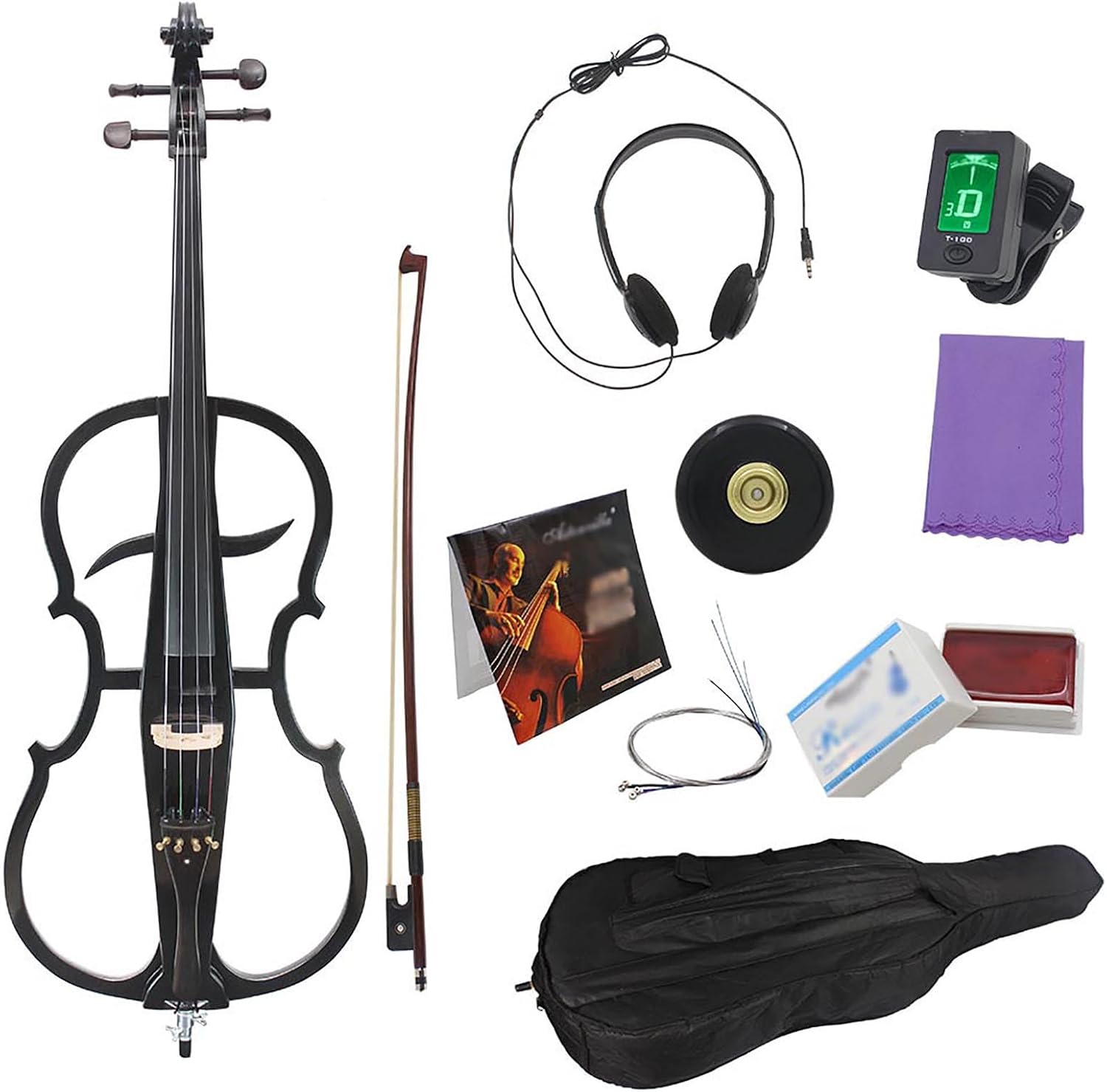 4/4 Black Metallic Electric Cello, Professional Silent Electric Cello Kit, Solid Wood Electric Silent Cello, Professional Stage Performance, with Case, Bow, Rosin, Earphone, Connecting line