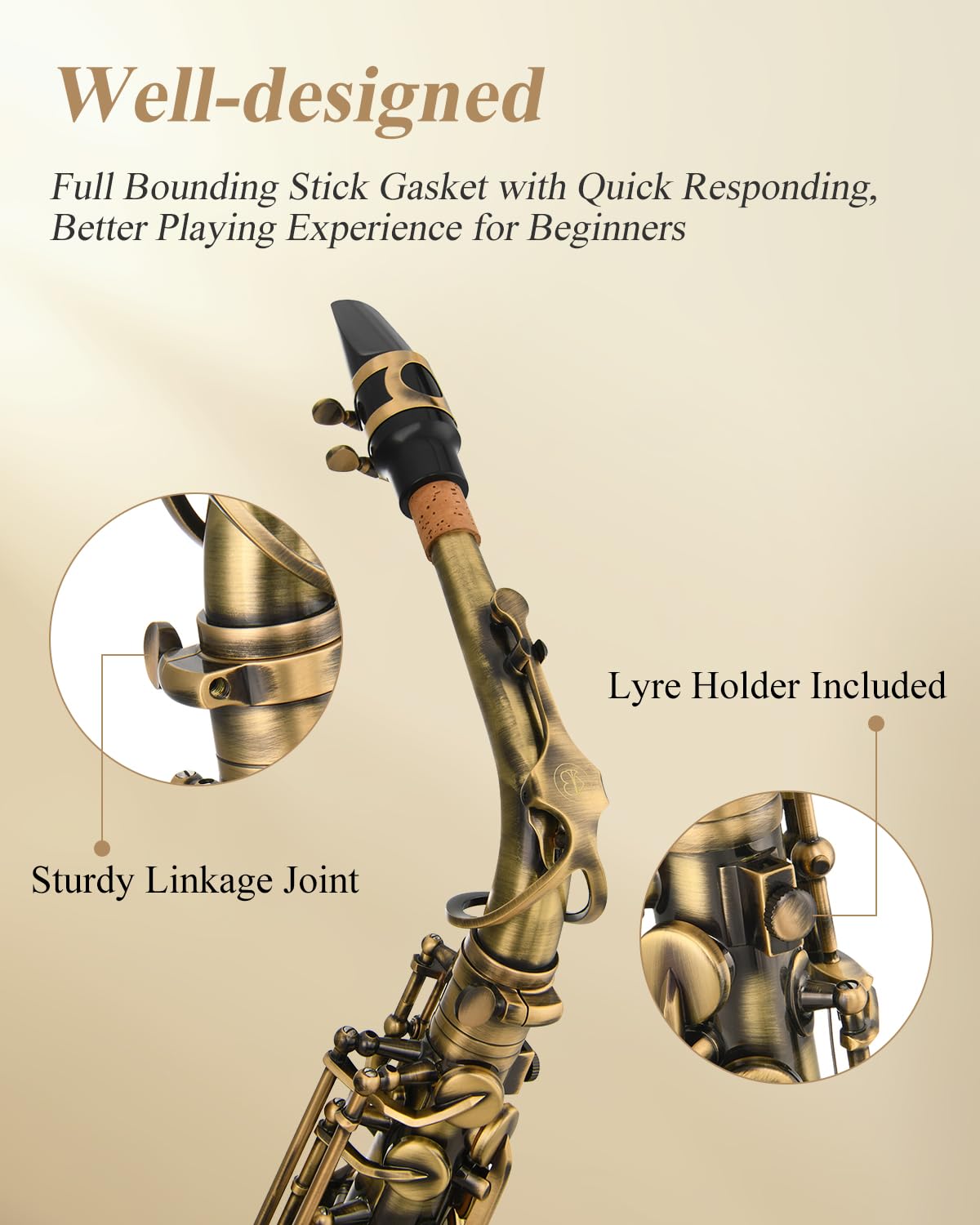 Eastar Student Alto Saxophone E Flat for Beginner Sax Full Kit with Carrying Case, Mouthpiece, Straps, Reeds, Stand, Golden Lacquer, AS-Ⅱ