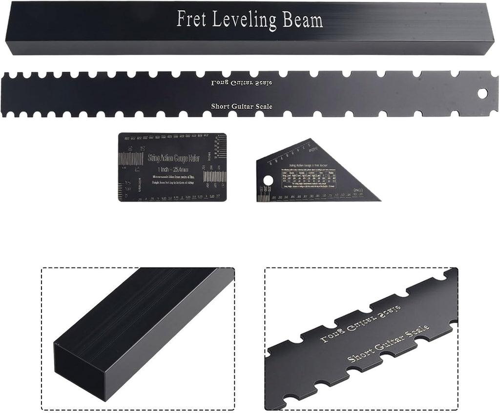 Guitar Luthier Tools Set 4 Pieces Stainless Steel Neck Straight Edge Ruler Fret Leveling Beam Kit With String Height Gauge For Guitar Bass Maintenance Repair