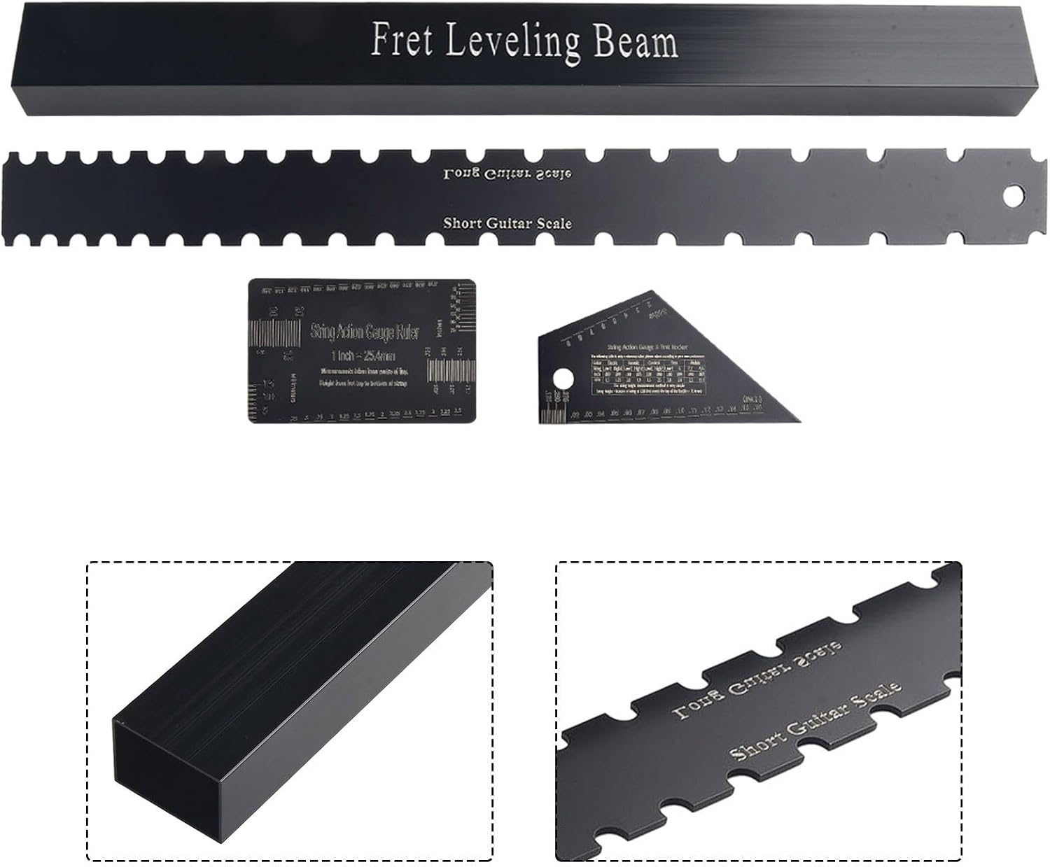 Guitar Luthier Tools Set 4 Pieces Stainless Steel Neck Straight Edge Ruler Fret Leveling Beam Kit With String Height Gauge For Guitar Bass Maintenance Repair