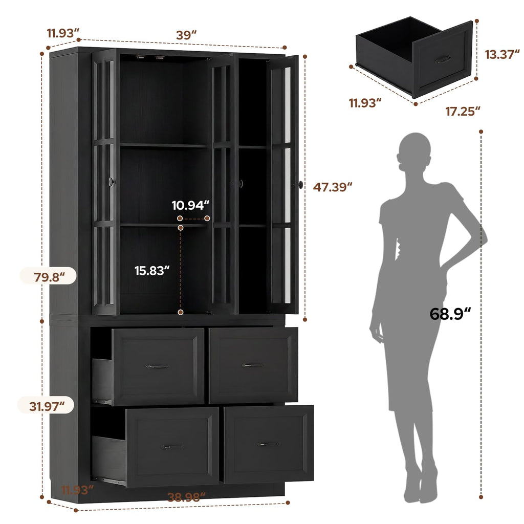 80" Tall Storage Cabinet with Glass Doors, 2-in-1 Modular Bookcase Cabinet, Freestanding Kitchen Pantry Storage Cabinet & Bookshelf for Living Room, Kitchen, Bathroom (4, Cracked Oak, AD)