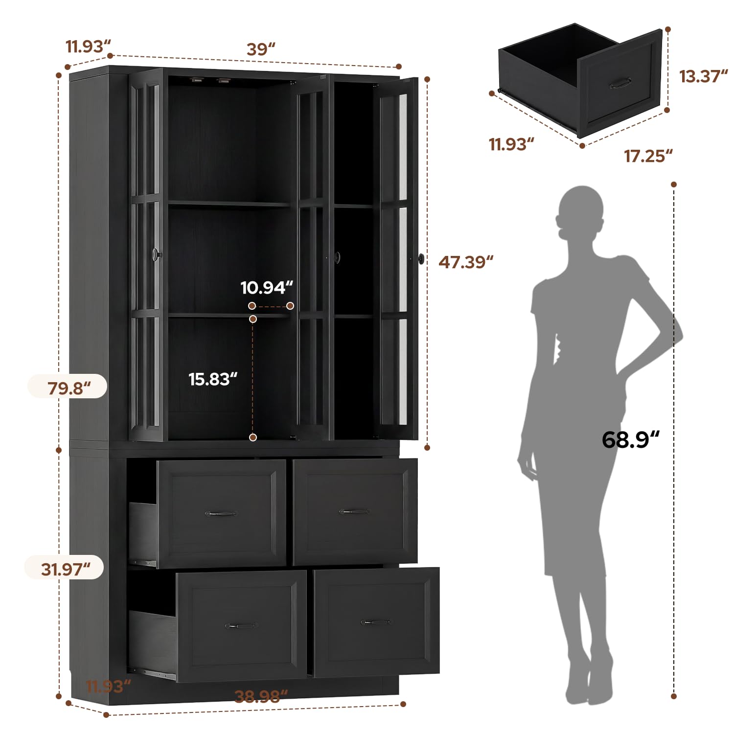 80" Tall Storage Cabinet with Glass Doors, 2-in-1 Modular Bookcase Cabinet, Freestanding Kitchen Pantry Storage Cabinet & Bookshelf for Living Room, Kitchen, Bathroom (4, Cracked Oak, AD)