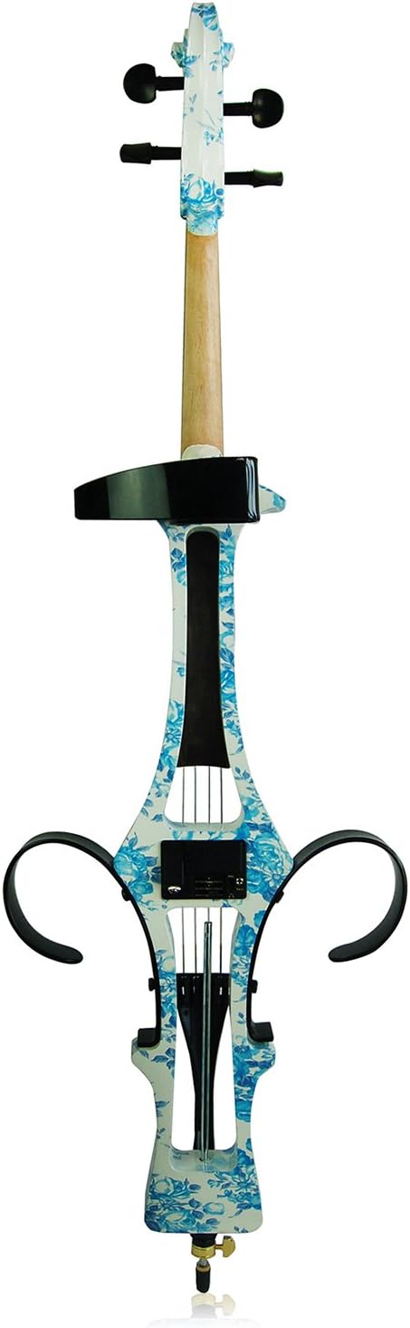 Aliyes 4/4 Full Size Solid Wood Electric Cello Violoncello Maple Wood body Ebony Fittings with Bag, Bow, Rosin, Aux Cable, Earphone, Extra set of strings(White&Blue Flowers)(ALDSDT-1201)
