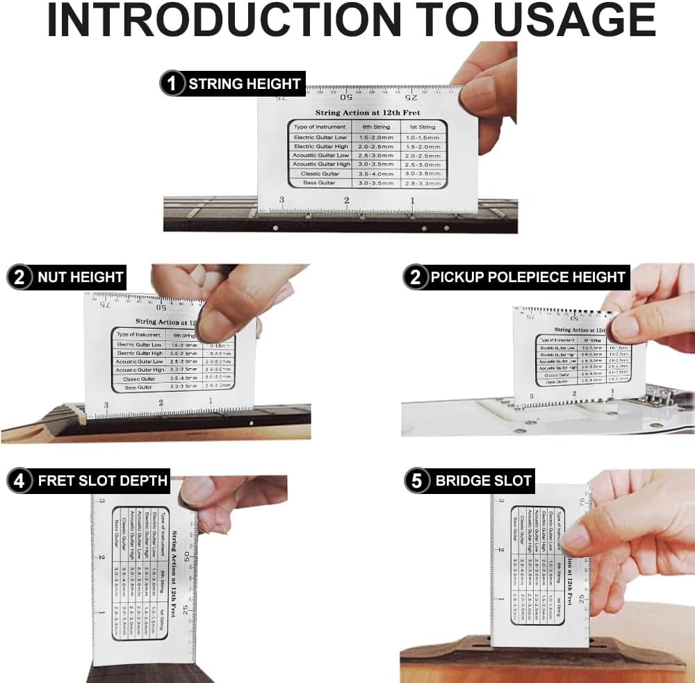 10PCS Guitar String Action Gauge Set for Guitar and Bass Setup | Stainless steel ruler, 9 understring radius gauges, measures action and curvature, for luthier repair and maintenance