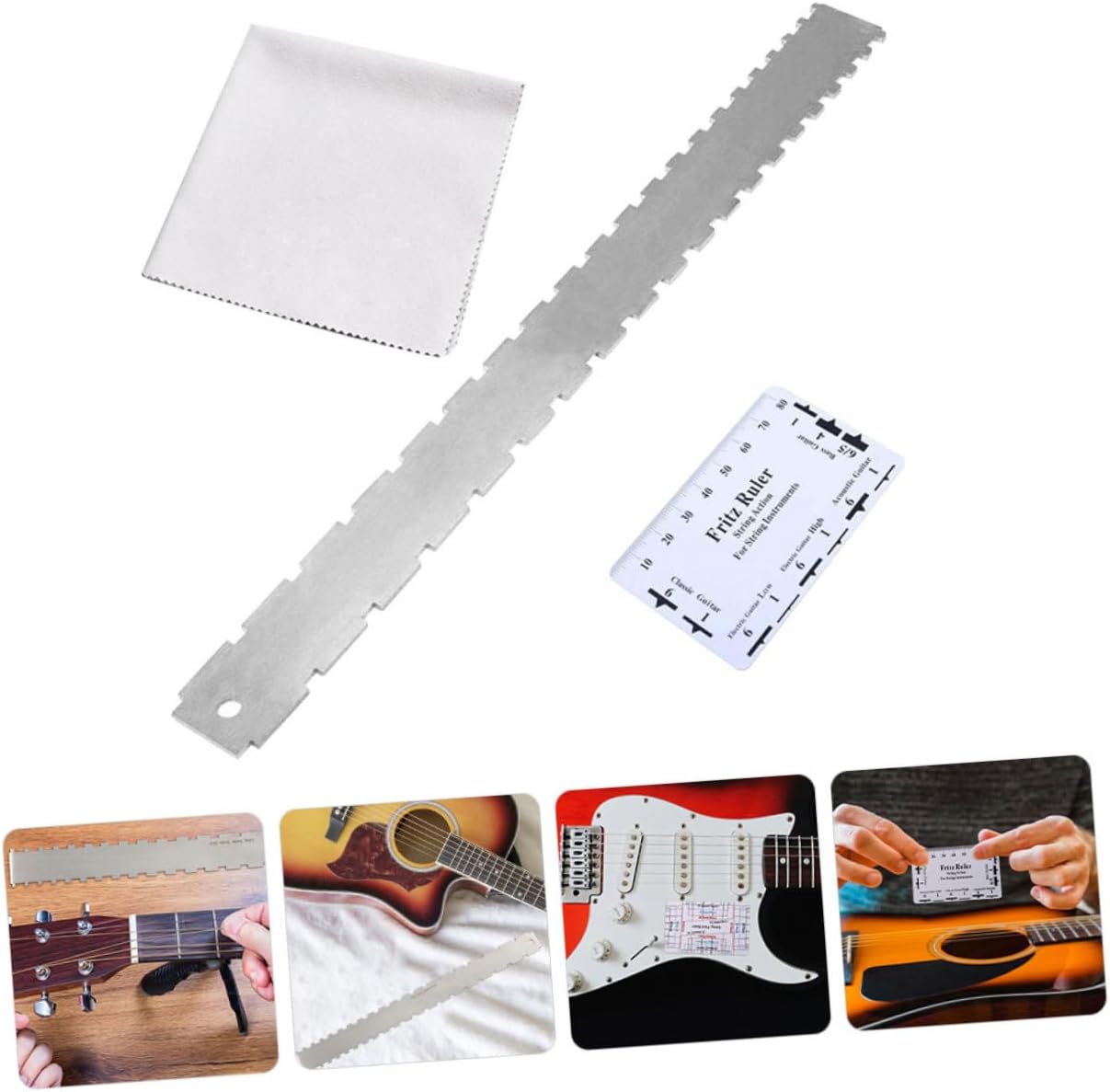 Beaupretty 2Sets Guitar Measuring Ruler Fretboard Tool String Action Gauge Height Ruler for Electric Guitars Includes Fret Rocker Cleaning Cloth