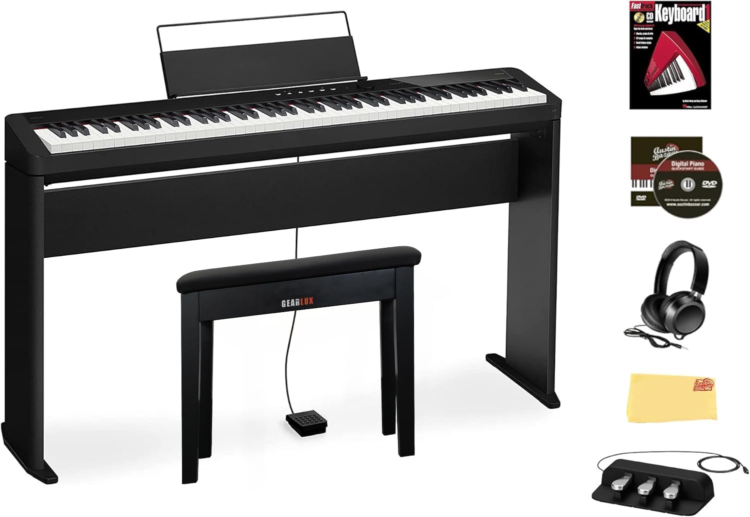 Casio Privia PX-S3100 Digital Piano - Black Bundle with Adjustable Stand, Bench, Headphones, Instructional Book, Online Lessons, Instructional DVD, and Austin Bazaar Polishing Cloth
