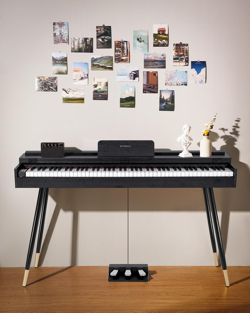 STRICH 88 Key Digital Piano, Hammer-Action Weighted Keyboard, Full Size Desk Cover Electric Piano Keyboard with Stand, 25Wx2 Speakers, Headphones, Three Pedal, SDP-350S(Color Mahogany)