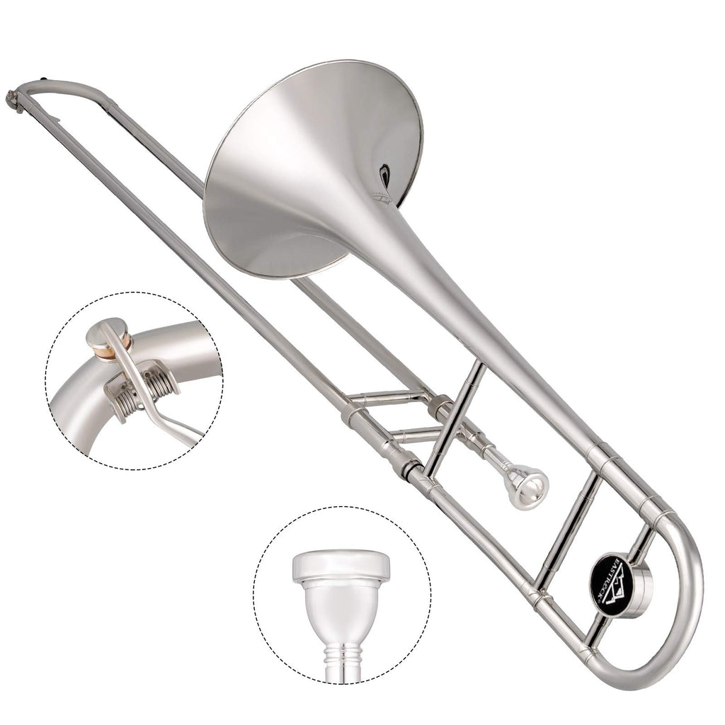 EASTROCK Bb Tenor Slide Trombone, B Flat Brass Plated Trombone Instrument for Beginners Students with Hard Case, with Mouthpiece, White Gloves (12.5mm/200 mm), Golden
