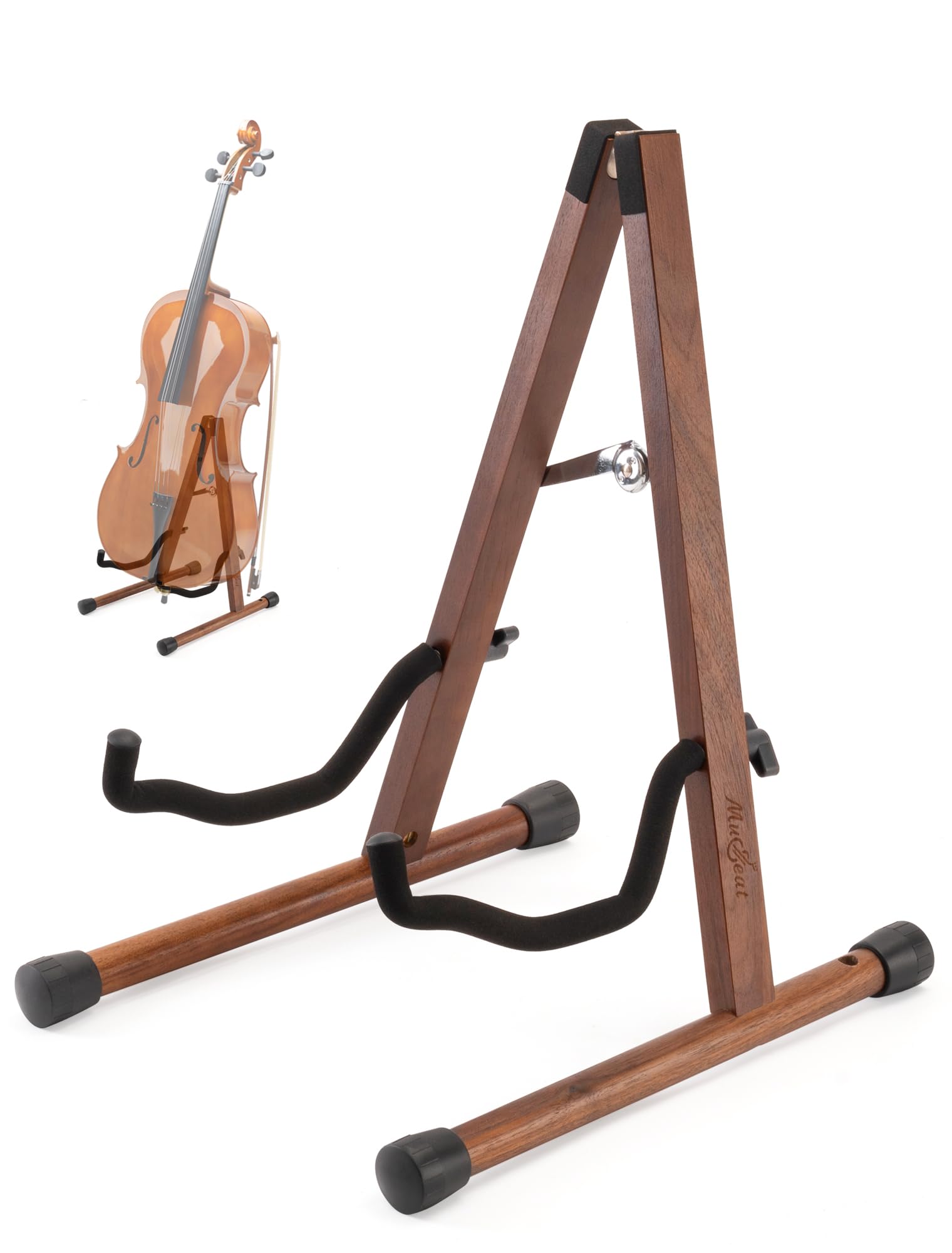 Cello Stand with Bow Holder, Mahogany Wooden A-Shape Floor Stand with Padded Foam, Handcrafted Cello Rack Fits 1/2, 3/4, 7/8, 4/4 Full-Size and Guitar, Instrument Holder for Home and Studio Display