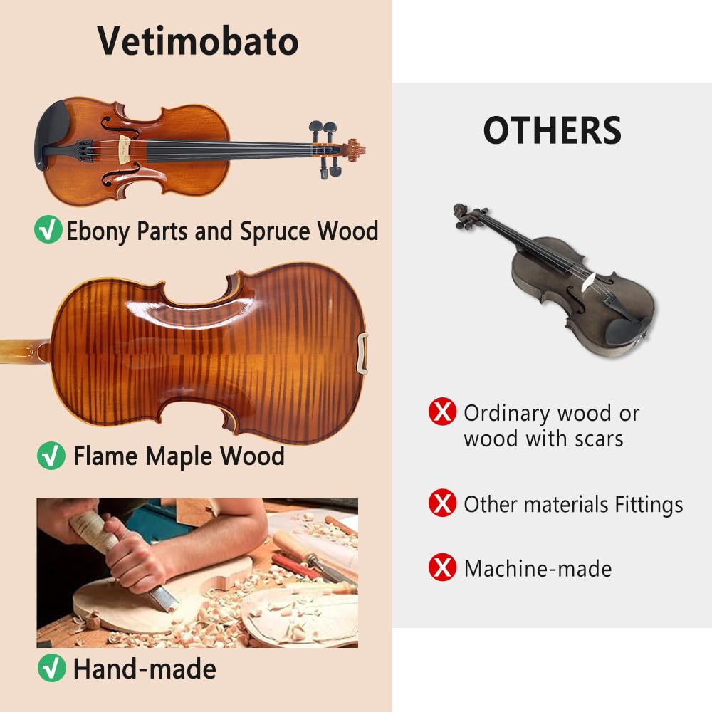 Vetimobato Handmade 4/4 Full Size Violin Set - One-piece Flame Back Maple Neck Solid Wood Fittings Complete Kit with Case Bow Shoulder Rest Strings for Beginners to Intermediate Players (4/4)