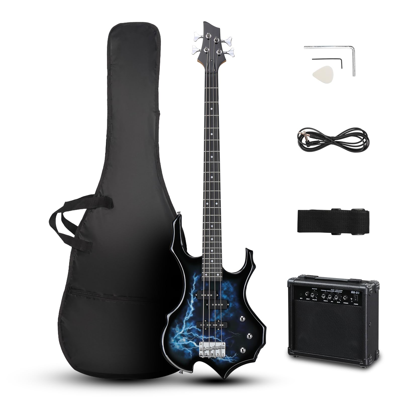 Ktaxon Electric Bass Guitar Full Size Flame Design Bass Set with 20 Watt Amplifier, Portable Bass Bag, Superior Amp Wire, Adjustable Guitar Strap, Plectrum, Wrench Tool(Matte Black)