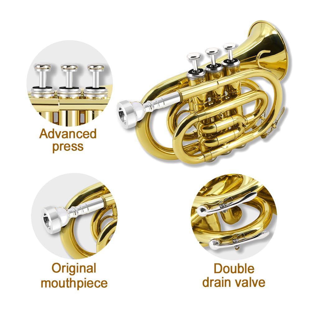 Yinfente Bb Flat Pocket Trumpet Bass Trumpet For Beginner,Student With Cleaning cloth, Silver plated 7C mouthpiece,hard case White gloves (Gold)