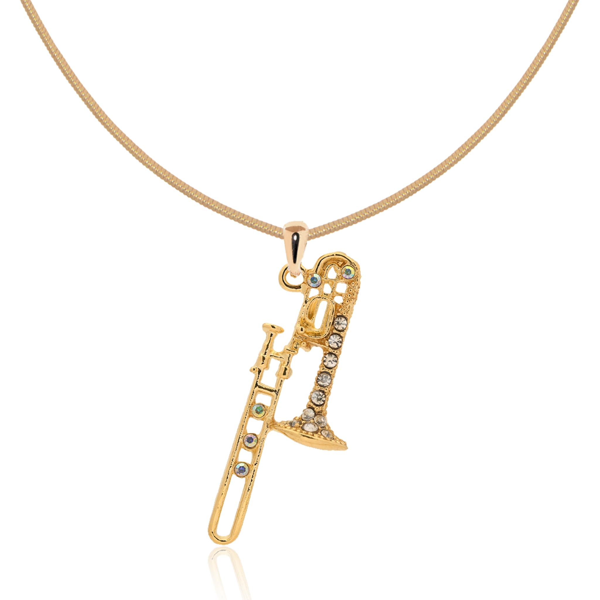 Spinningdaisy Trombone Necklace for Music Lovers, Rhinestone Instrument Pendant, 16” + 2” Extender Snake Chain