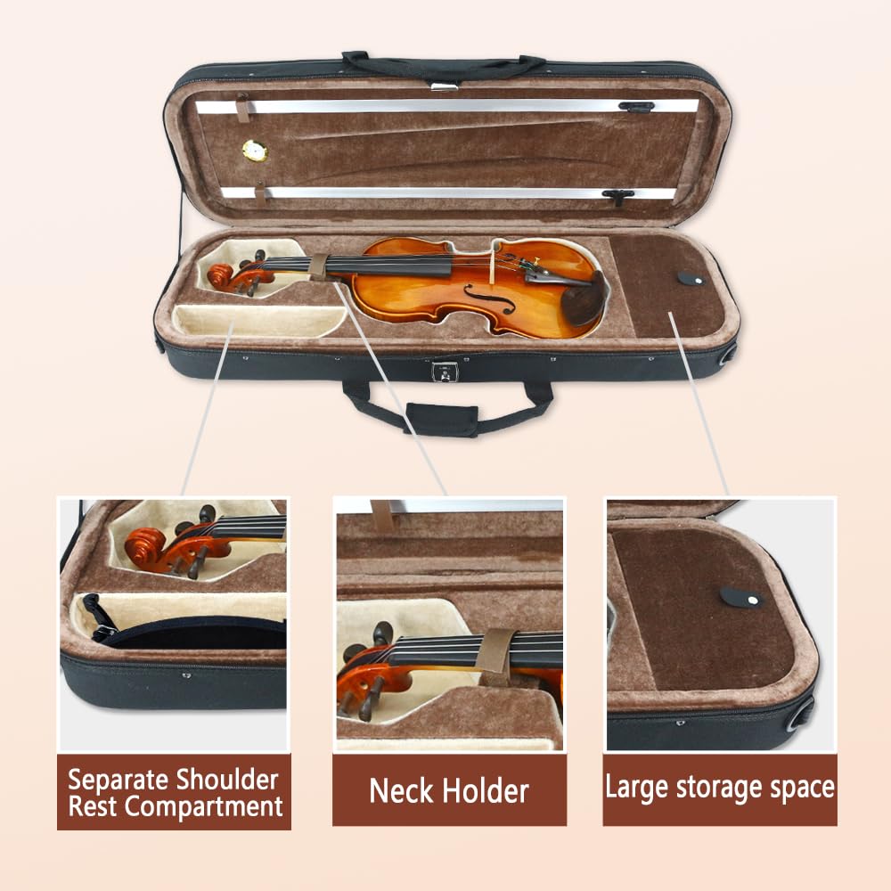 Vetimobato Handmade 4/4 Full Size Violin Set - One-piece Flame Back Maple Neck Solid Wood Fittings Complete Kit with Case Bow Shoulder Rest Strings for Beginners to Intermediate Players (4/4)
