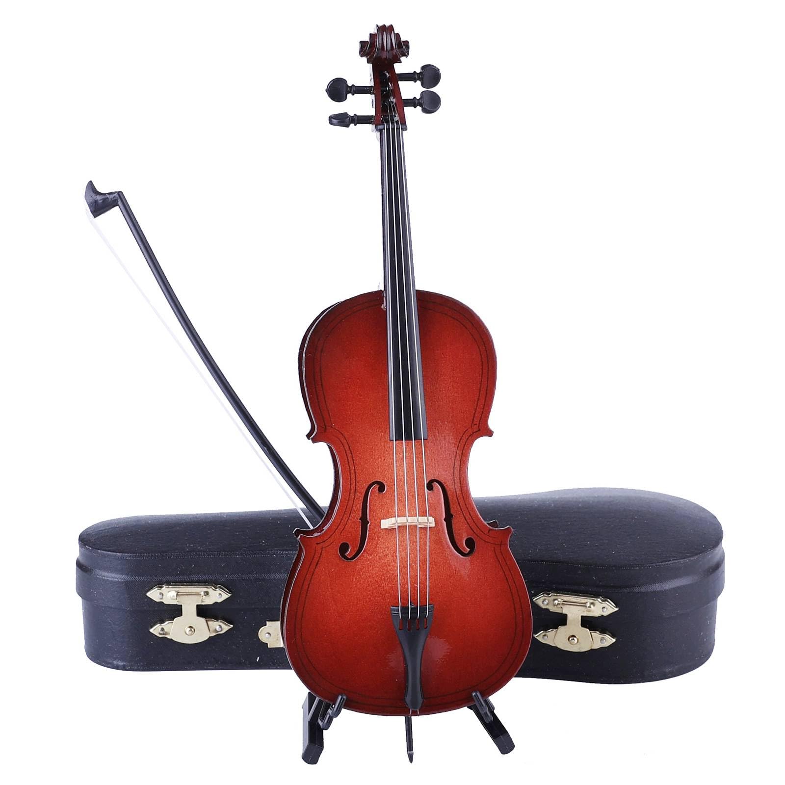 Wooden Miniature Cello with Stand, Bow and Case Mini Musical Instrument Cello Replica Collectible Figurines Dollhouse Accessories Model Home Decoration Display Ornament (5.51"x1.97"x0.63")